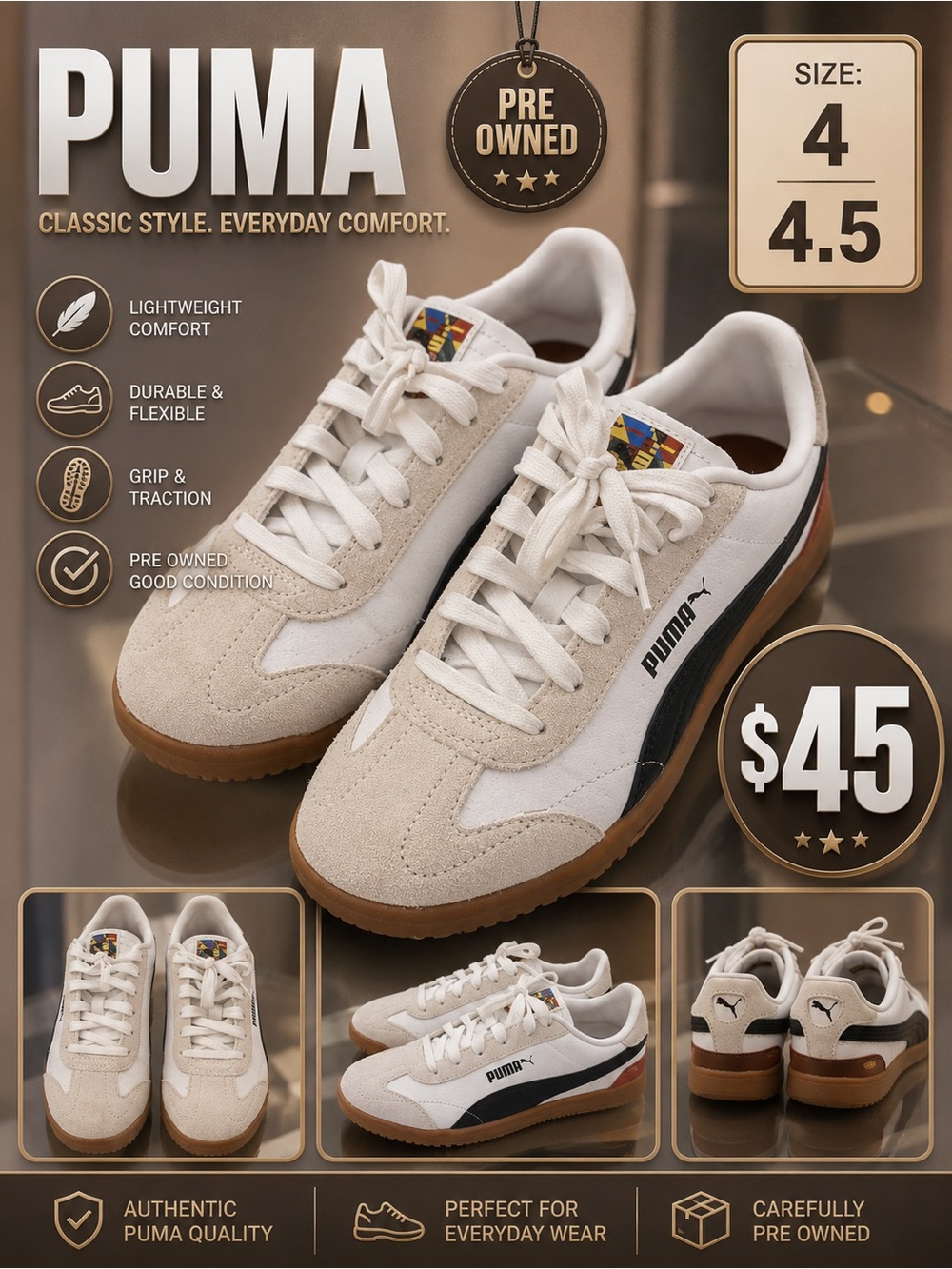 Puma White, Tan & Black Kids' Classic Sneakers